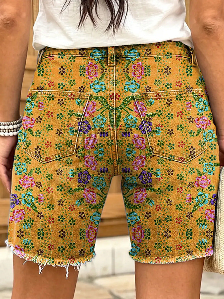 Retro Ethnicity Geometry Flowers Women's Art Print Casual Denim Shorts