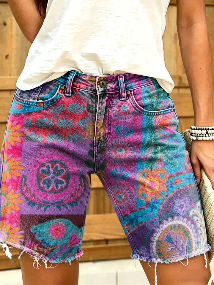 Women's Retro Print Frayed Denim Bermuda Shorts