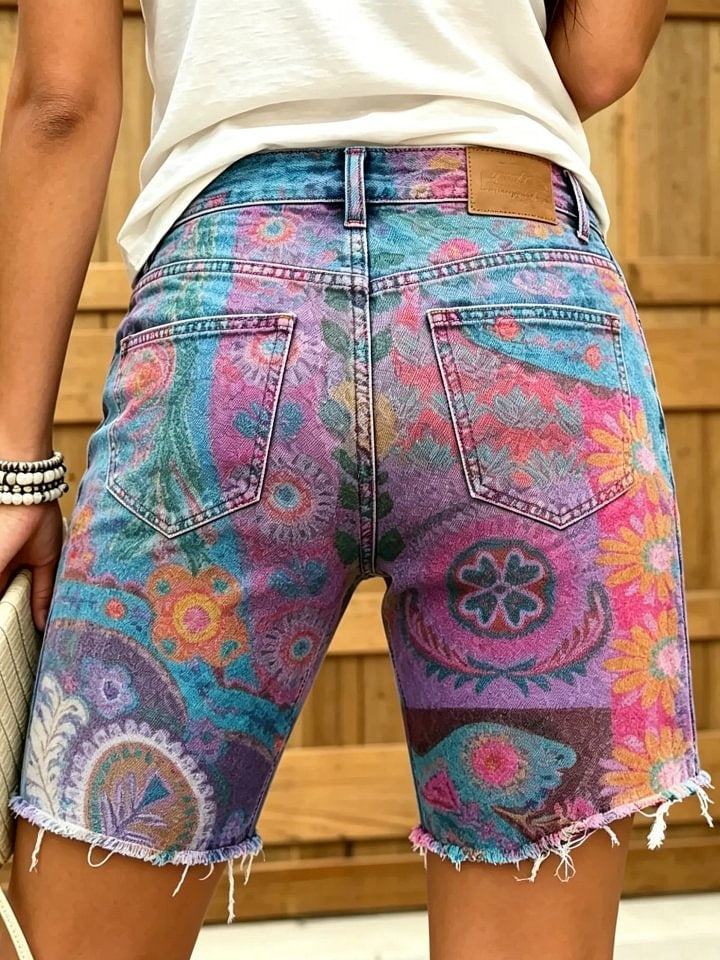 Women's Retro Print Frayed Denim Bermuda Shorts