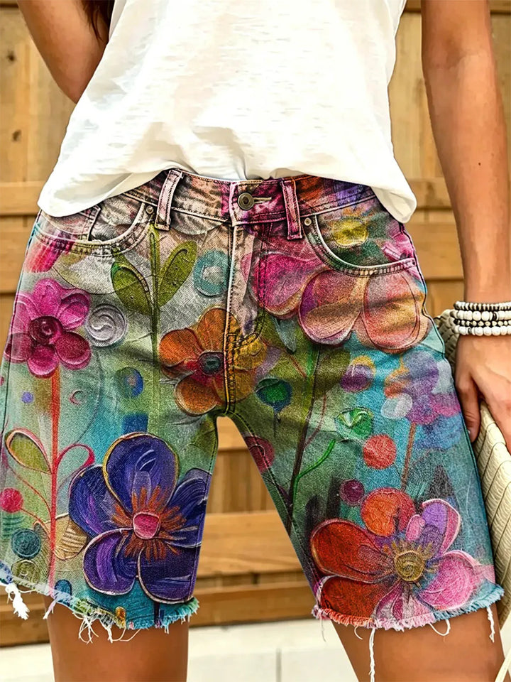 Women's Abstract Watercolor Floral Print Frayed Denim Bermuda Shorts