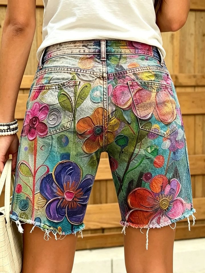 Women's Abstract Watercolor Floral Print Frayed Denim Bermuda Shorts
