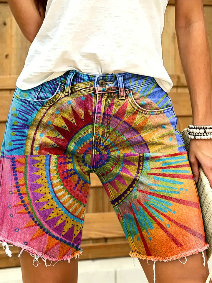 Women's Tribal Sun Mandala Print Frayed Denim Shorts