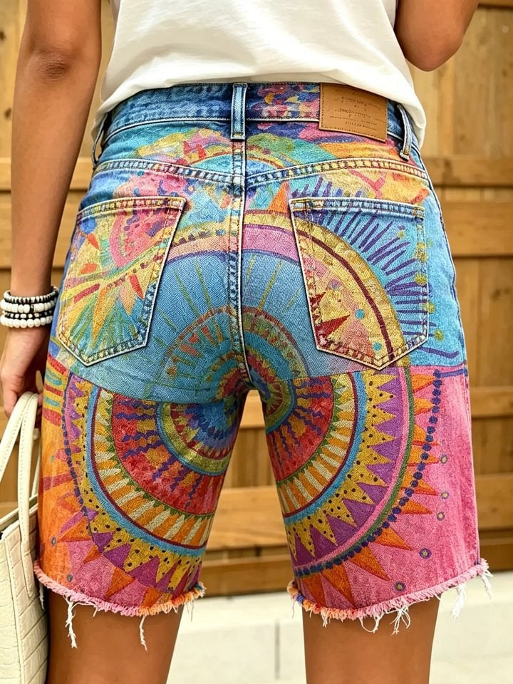 Women's Tribal Sun Mandala Print Frayed Denim Shorts