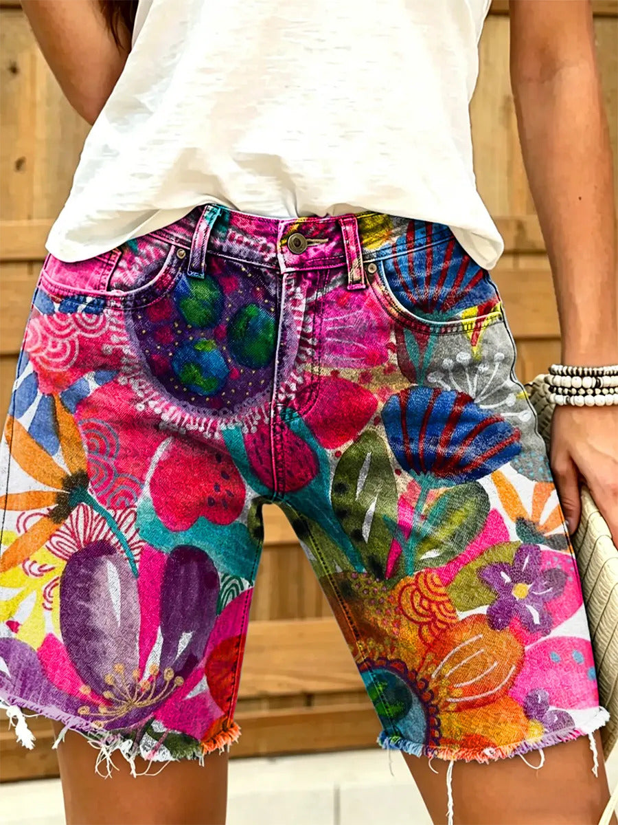 Women's Abstract Floral Art Print Frayed Denim Bermuda Shorts