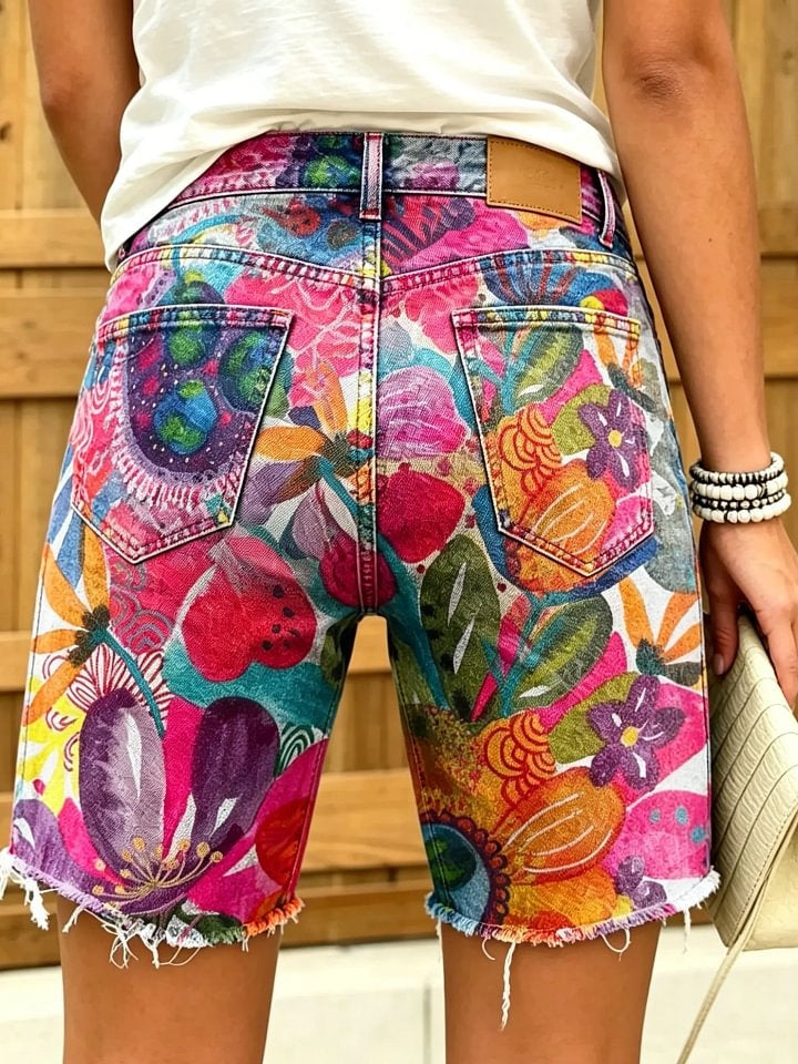 Women's Abstract Floral Art Print Frayed Denim Bermuda Shorts