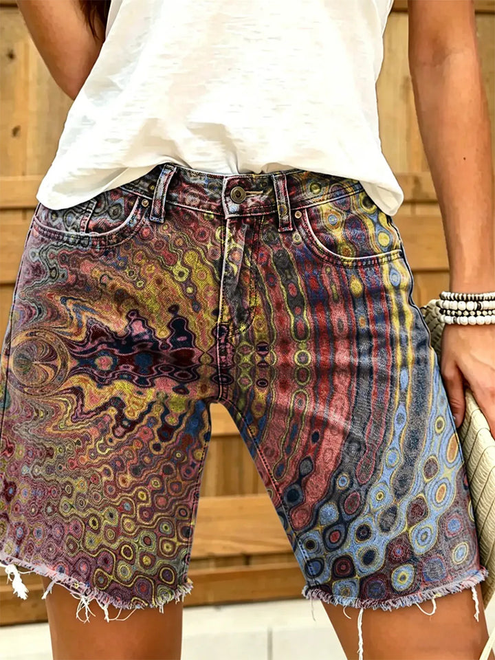 Women's Psychedelic Swirl Tie-Dye Print Frayed Denim Shorts