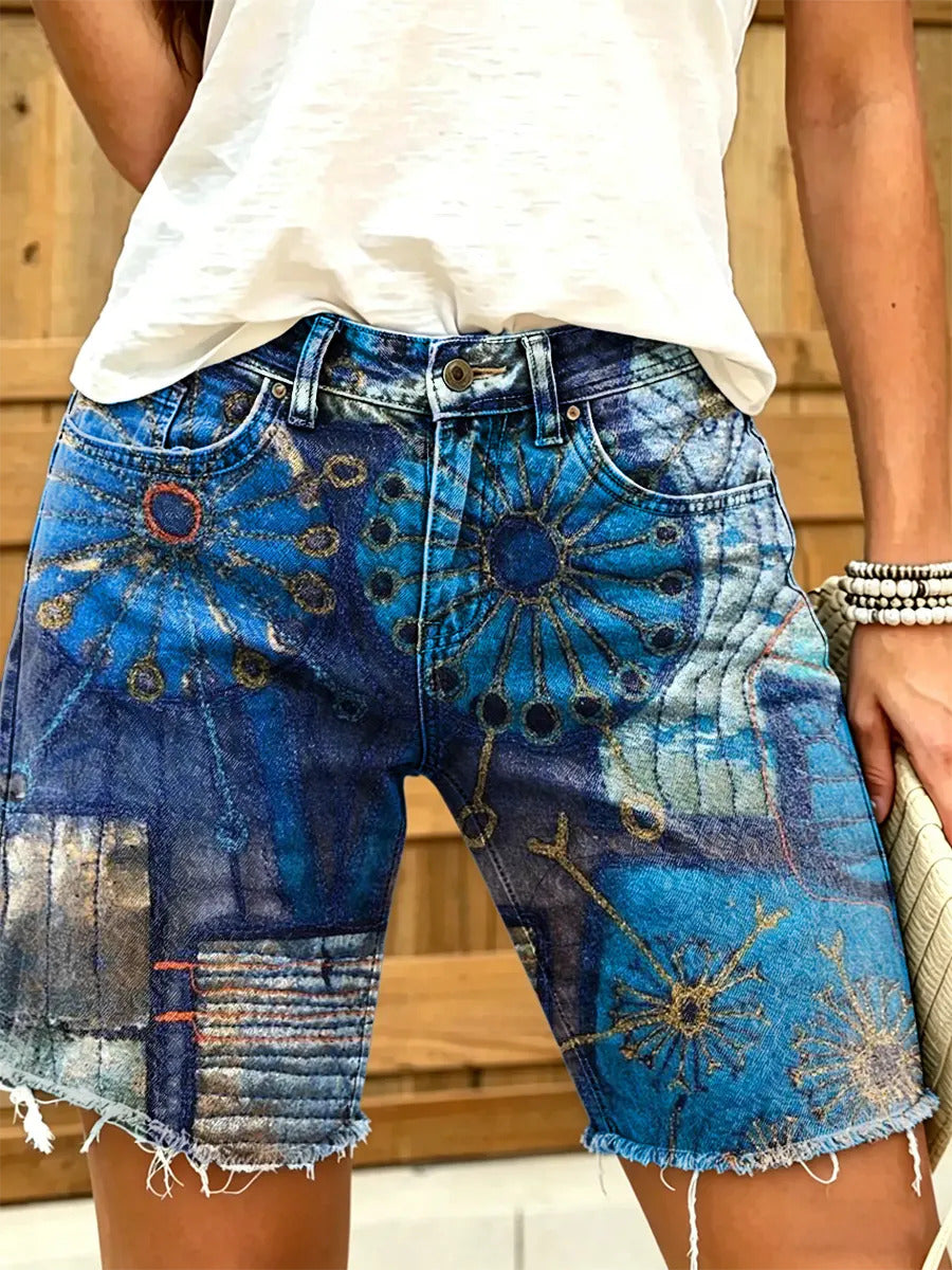 Women's Blue Abstract Mandala Print Frayed Hem Denim Shorts