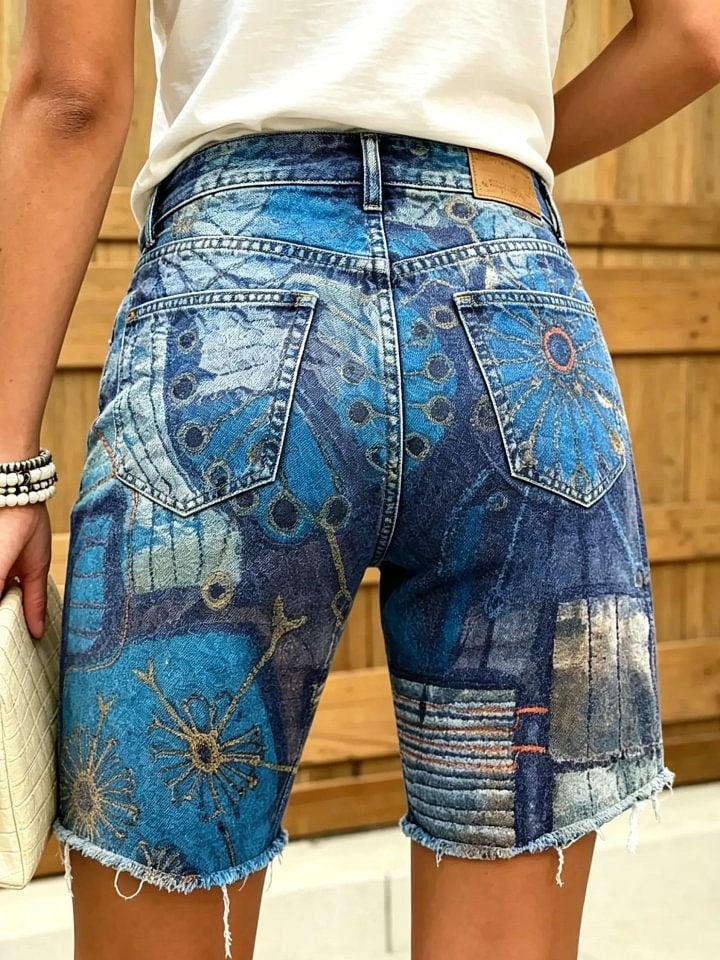Women's Blue Abstract Mandala Print Frayed Hem Denim Shorts