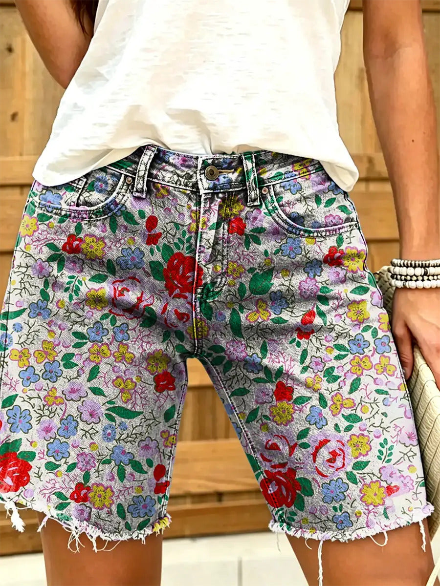Women's Vintage Floral Print Denim Shorts