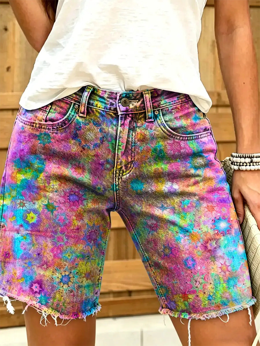 Women's Colorful Abstract Print Denim Shorts