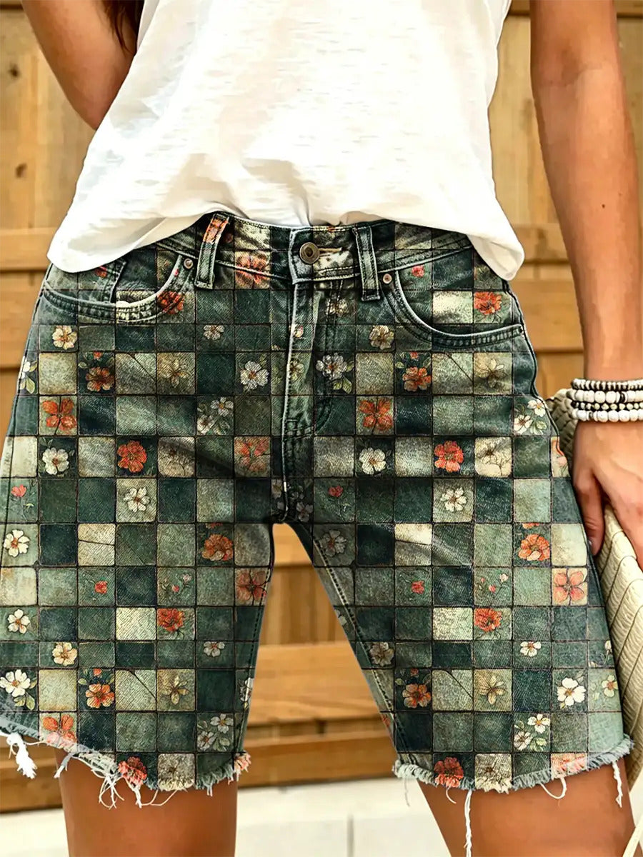 Women's Vintage Floral Print Denim Shorts