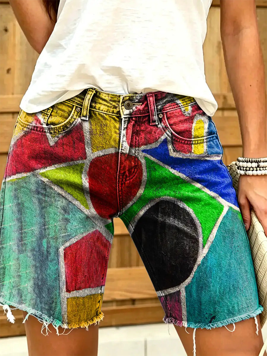 Women's Colorful Geometric Print Denim Shorts