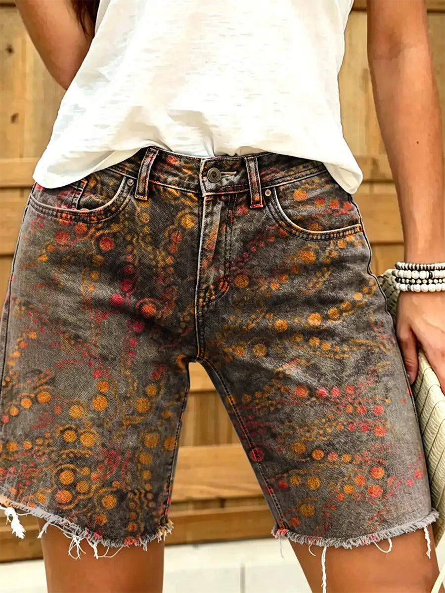 Women's Asymmetrical Polka Dot Art Print Denim Shorts
