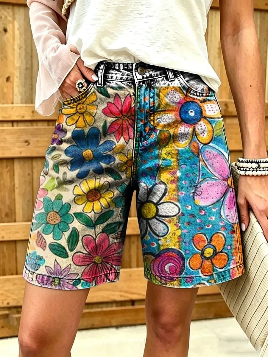 Women's colorful hand-painted floral print cotton denim shorts