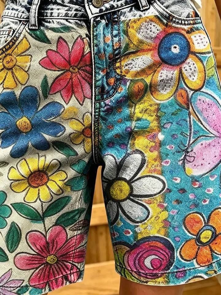 Women's colorful hand-painted floral print cotton denim shorts