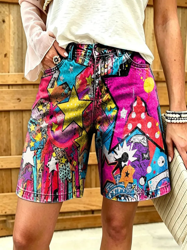 Women's Graffiti Star Pop Art Print Cotton Denim Shorts