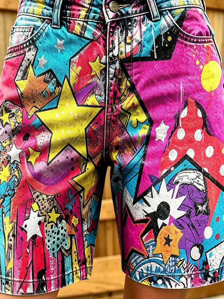 Women's Graffiti Star Pop Art Print Cotton Denim Shorts