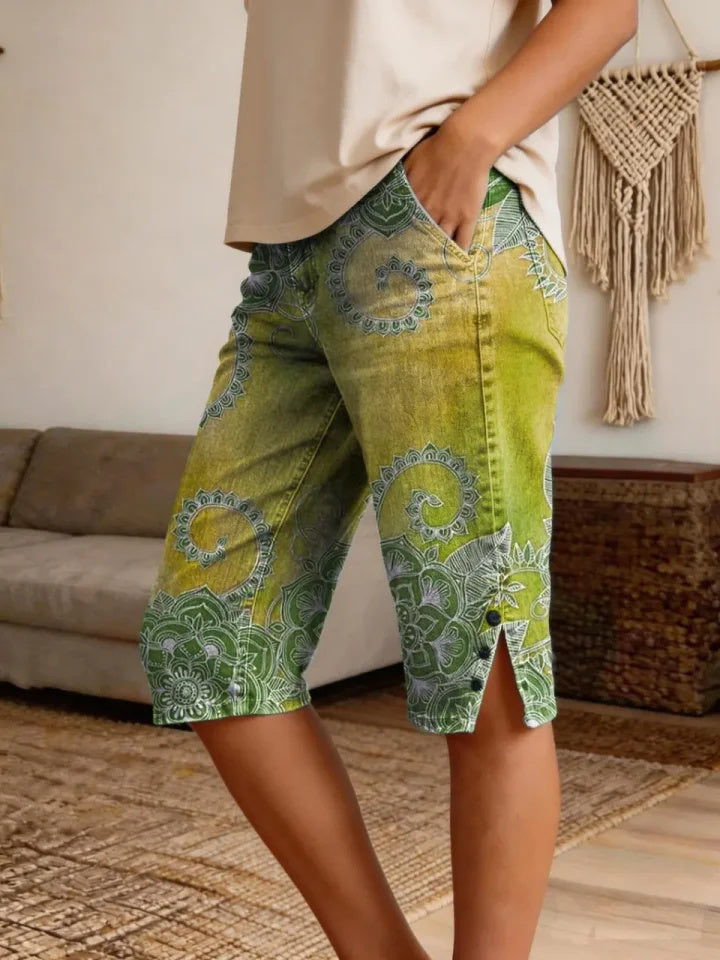 Women's Vintage Ethnic Blue Floral Art Print Casual Denim Shorts
