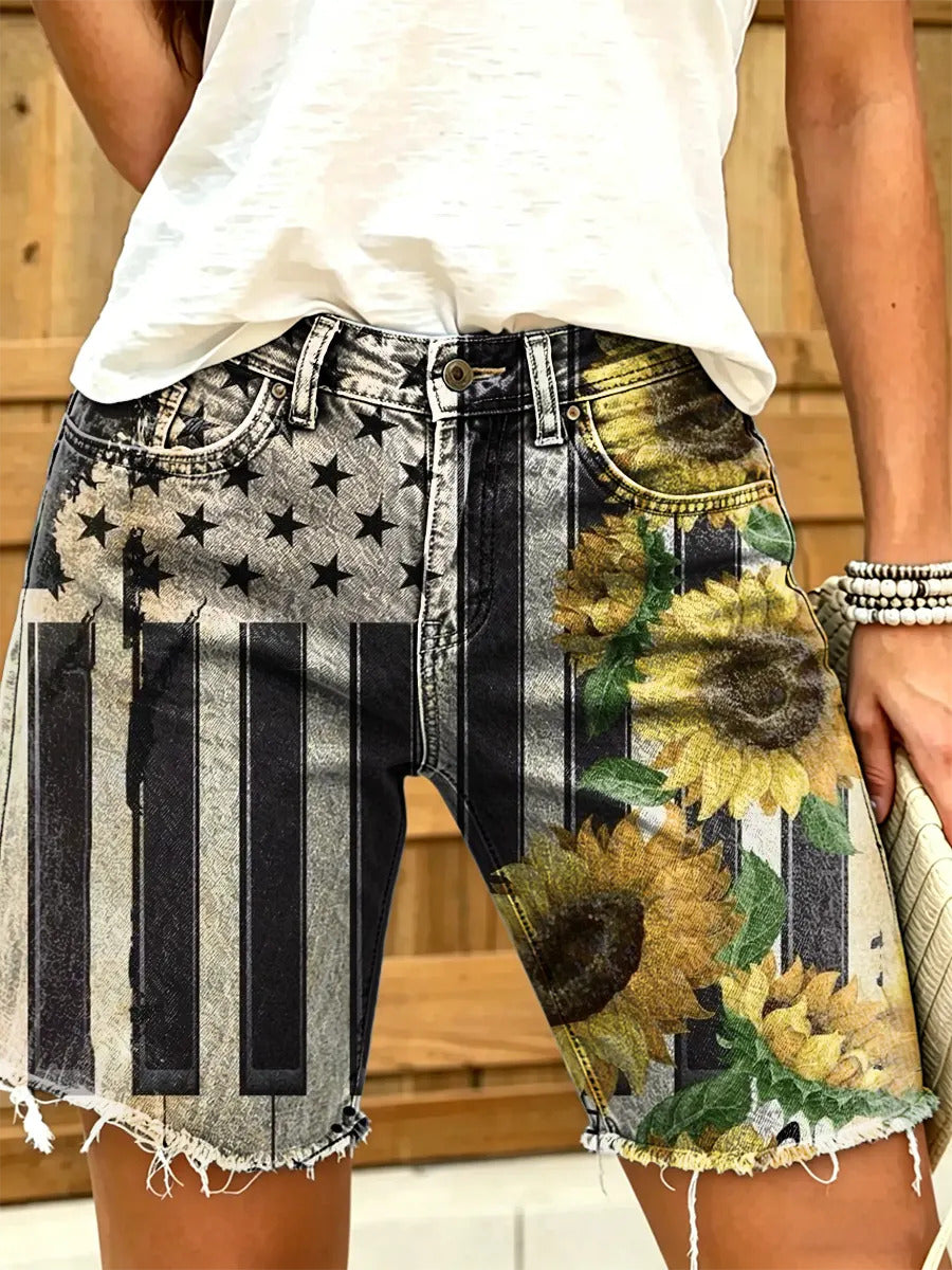 Women's Independence Day Floral Print Denim Shorts
