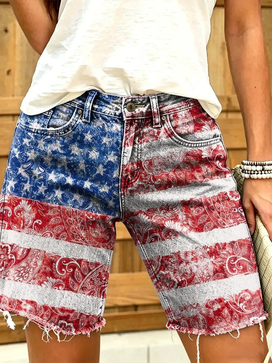 Independence Day star-shaped paisley print women's casual denim shorts
