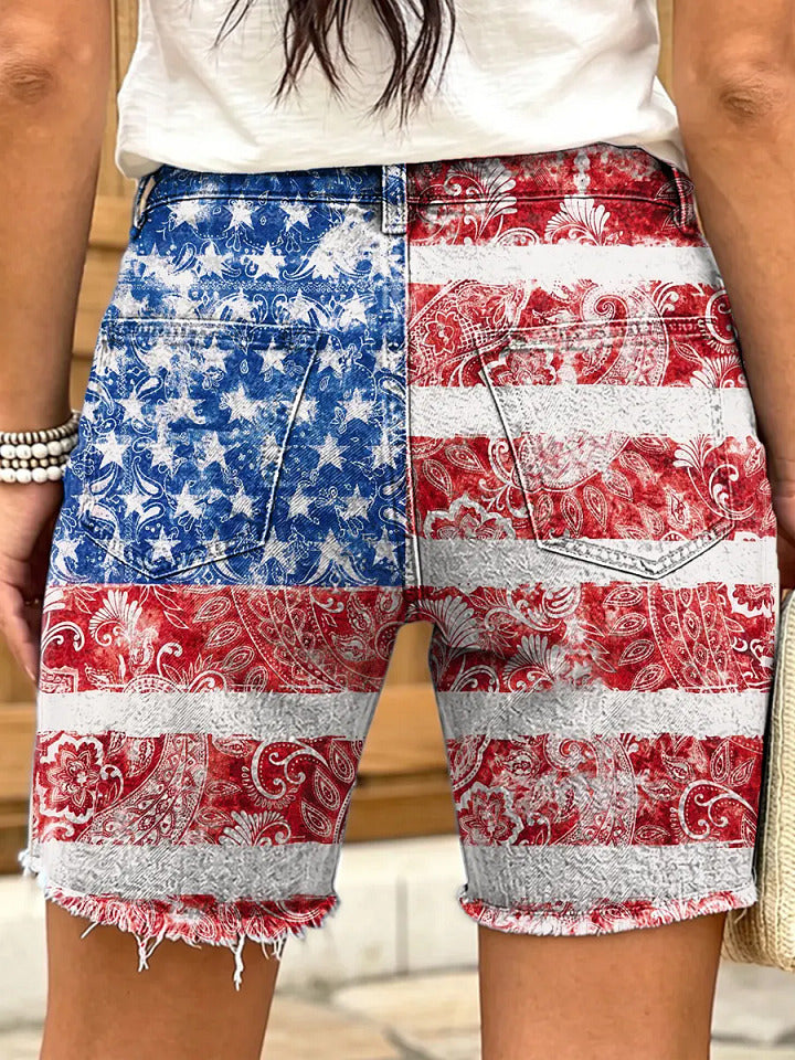 Independence Day star-shaped paisley print women's casual denim shorts