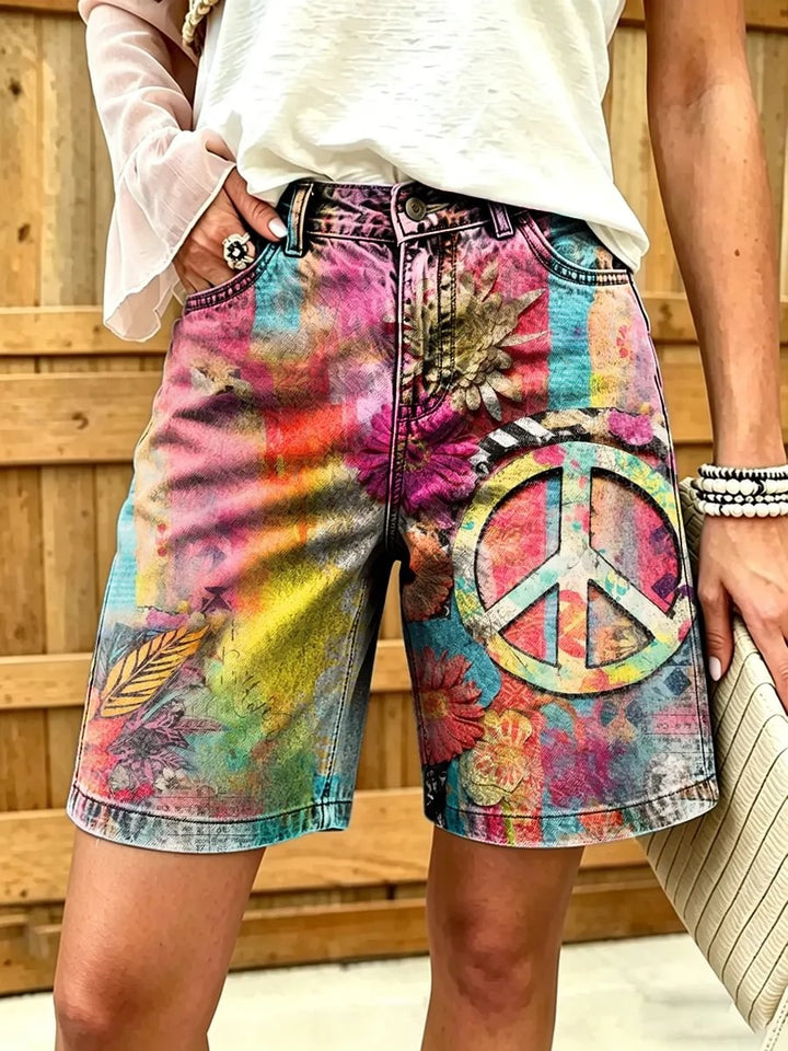 Women's Hippie Peace Sign Floral Print Cotton Denim Shorts