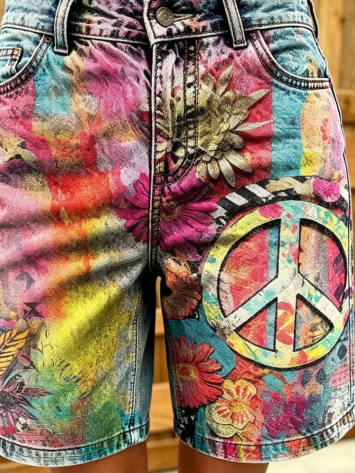 Women's Hippie Peace Sign Floral Print Cotton Denim Shorts