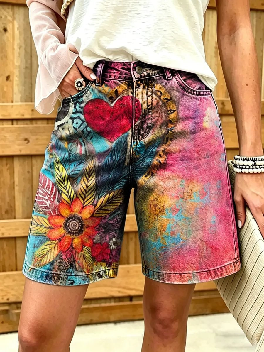 Women's Vintage Heart & Feather Floral Print Cotton Denim Shorts