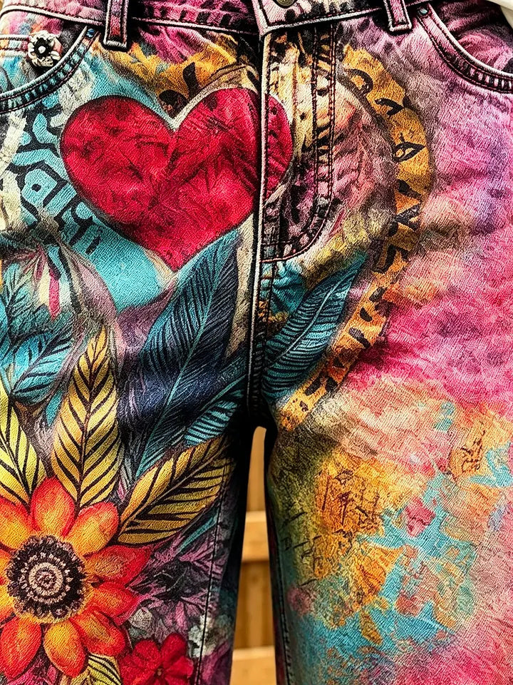 Women's Vintage Heart & Feather Floral Print Cotton Denim Shorts