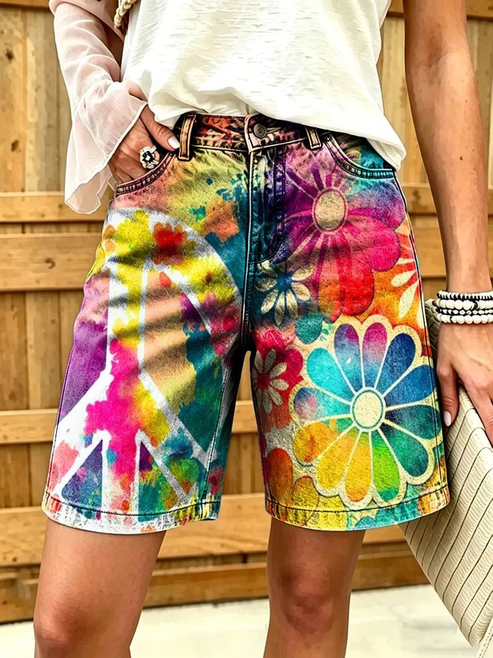 Women's Rainbow Tie-Dye Peace and Daisy Print Cotton Denim Shorts