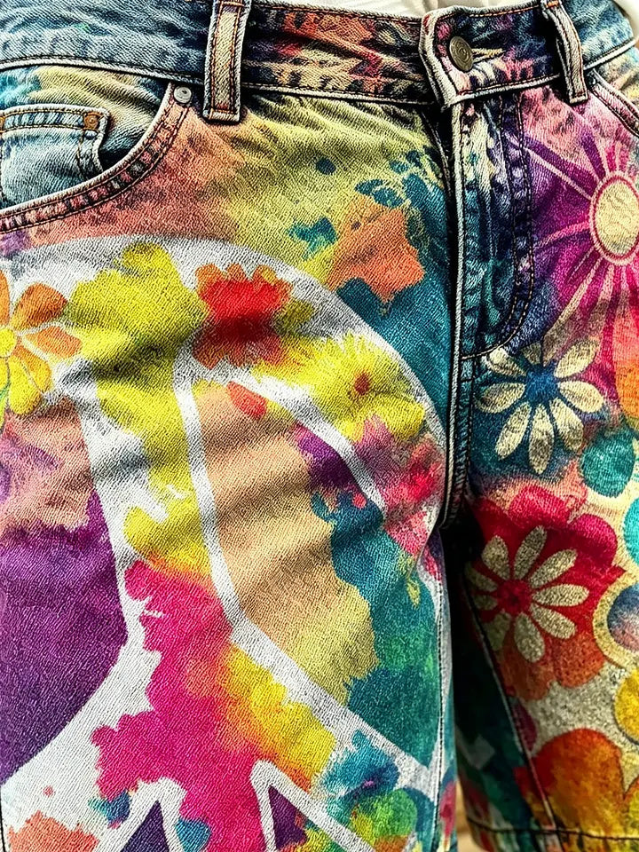 Women's Rainbow Tie-Dye Peace and Daisy Print Cotton Denim Shorts