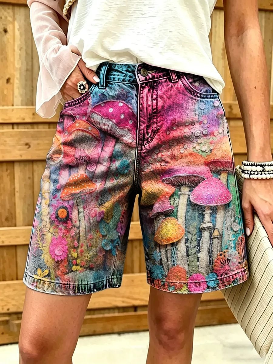 Women's Psychedelic Mushroom Forest Print Cotton Denim Shorts