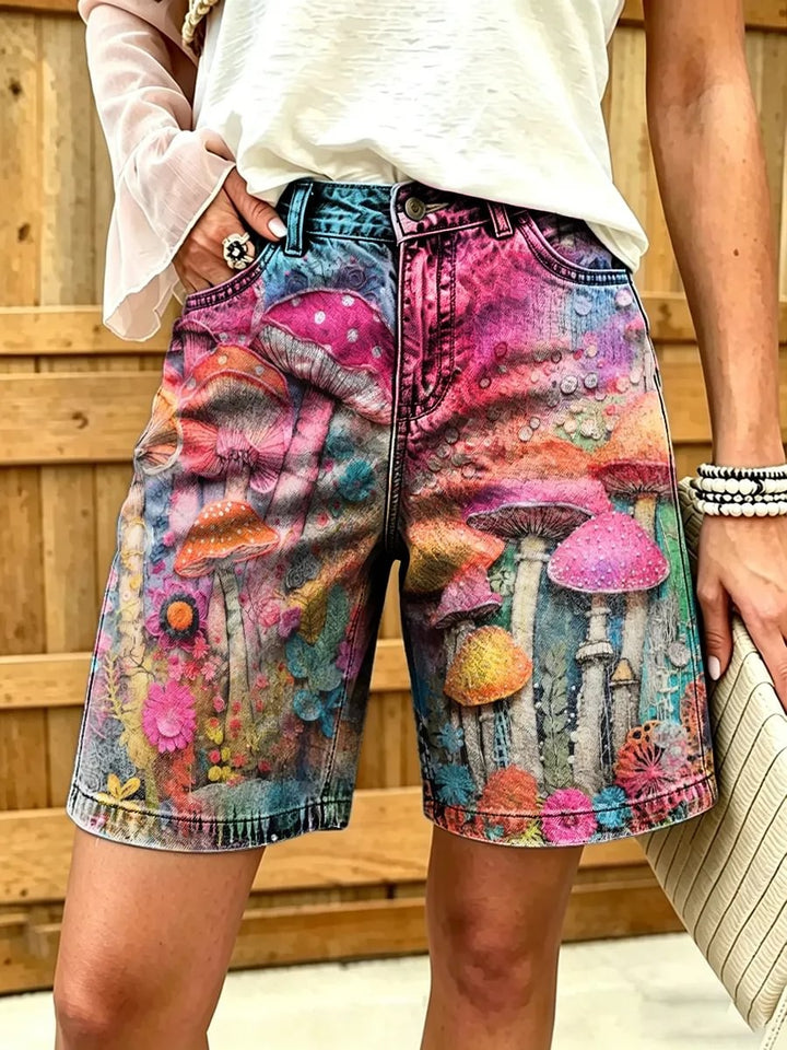 Women's Psychedelic Mushroom Forest Print Cotton Denim Shorts