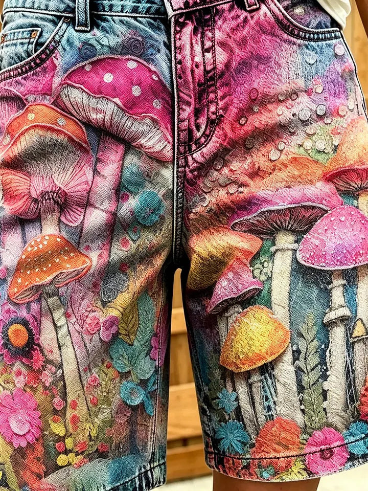 Women's Psychedelic Mushroom Forest Print Cotton Denim Shorts