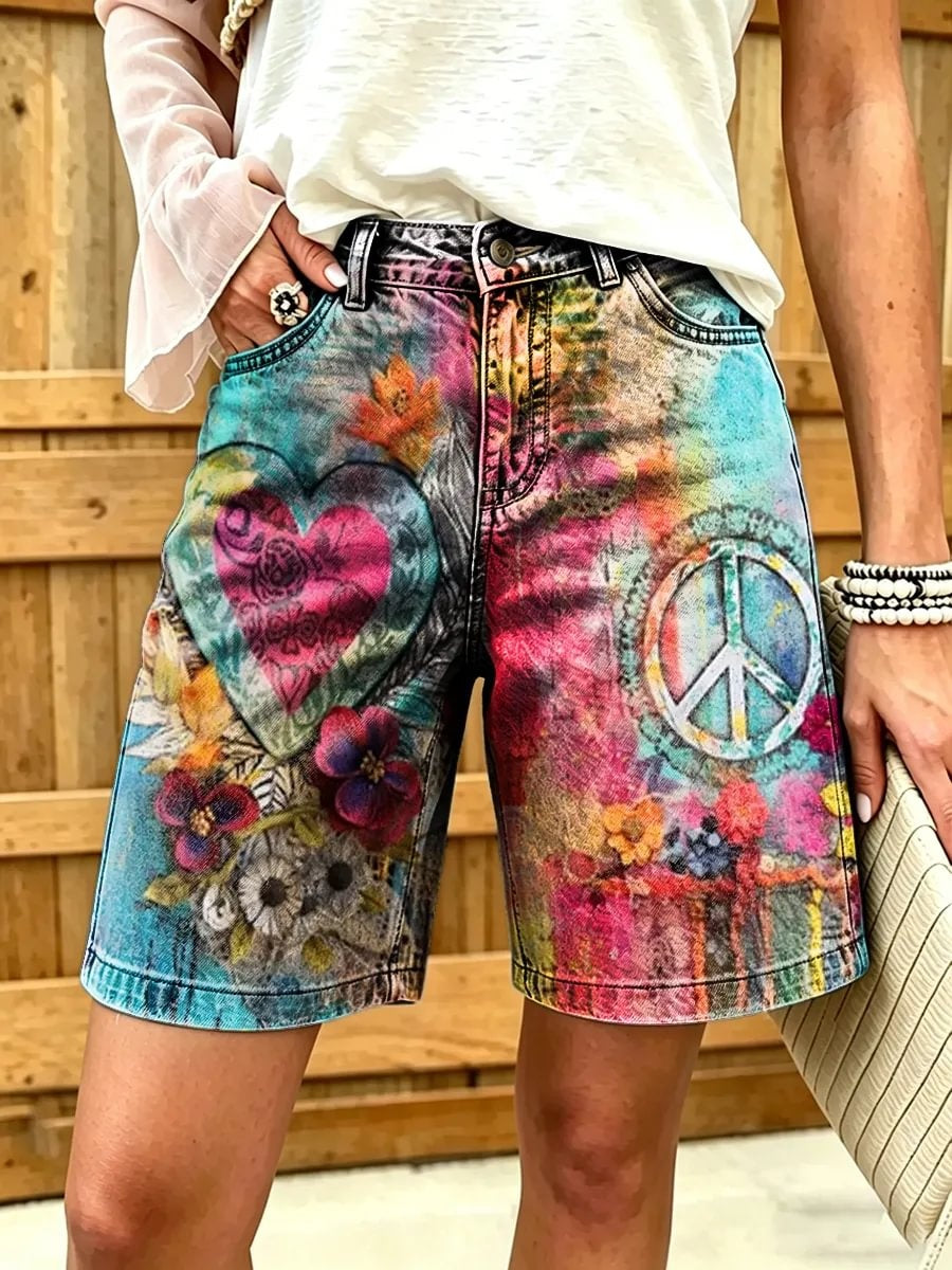 Women's Watercolor Heart and Peace Print Cotton Denim Shorts