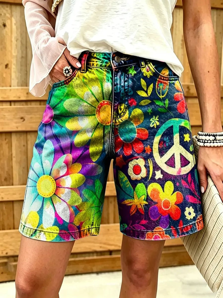 Women's Rainbow Tie-Dye Peace and Floral Print Cotton Denim Shorts