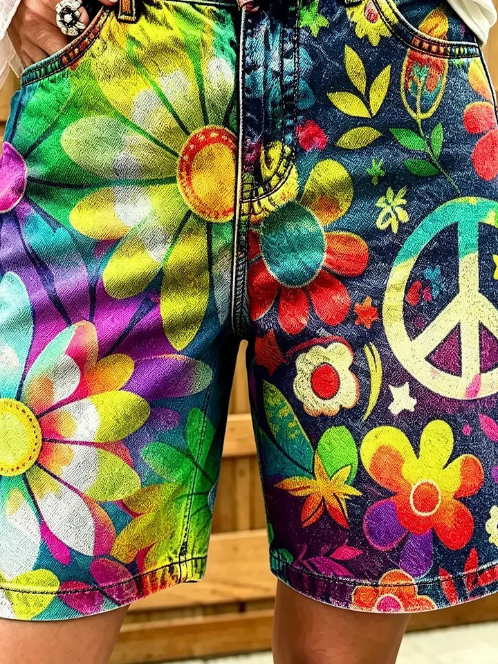 Women's Rainbow Tie-Dye Peace and Floral Print Cotton Denim Shorts