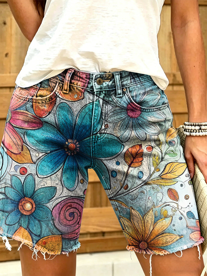 Women's Retro Colorful Floral Art Print Casual Washed Cotton Denim Shorts