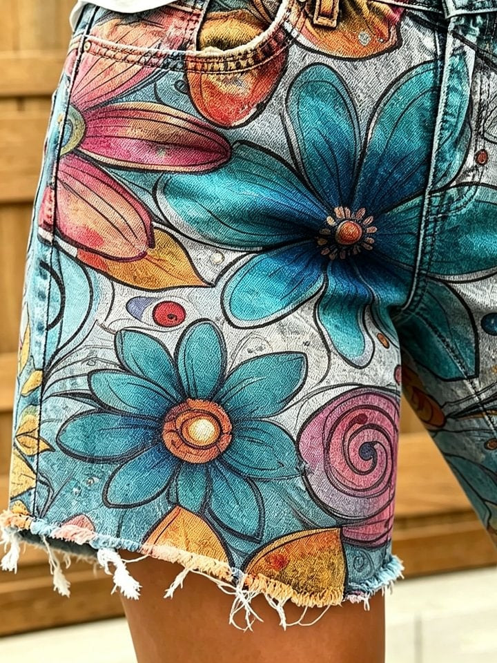 Women's Retro Colorful Floral Art Print Casual Washed Cotton Denim Shorts