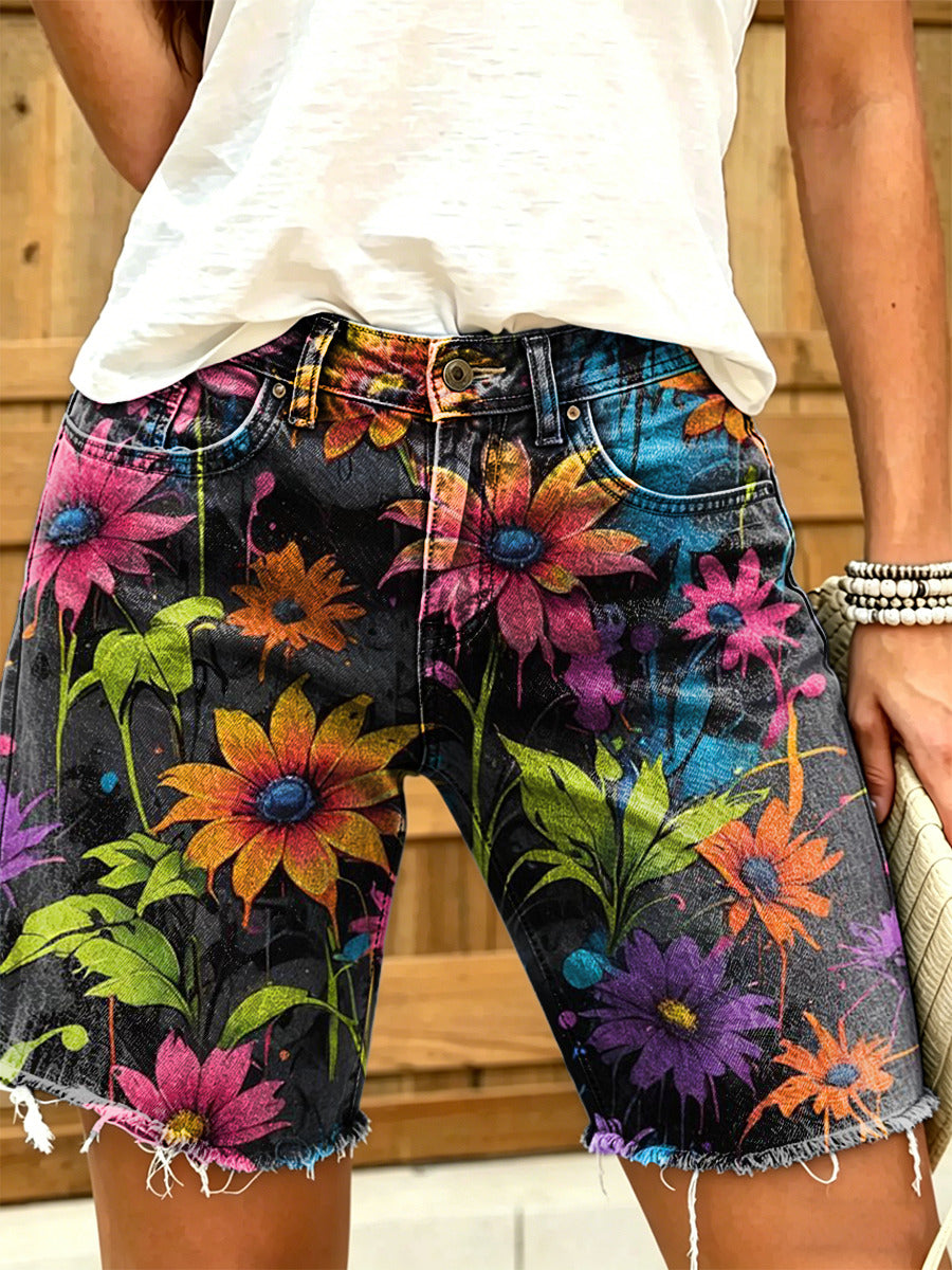 Women's Retro Colorful Floral Art Print Casual Washed Cotton Denim Shorts