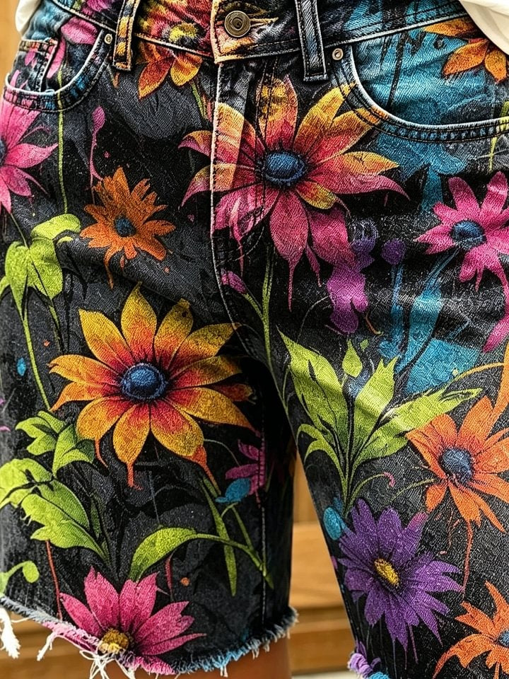 Women's Retro Colorful Floral Art Print Casual Washed Cotton Denim Shorts