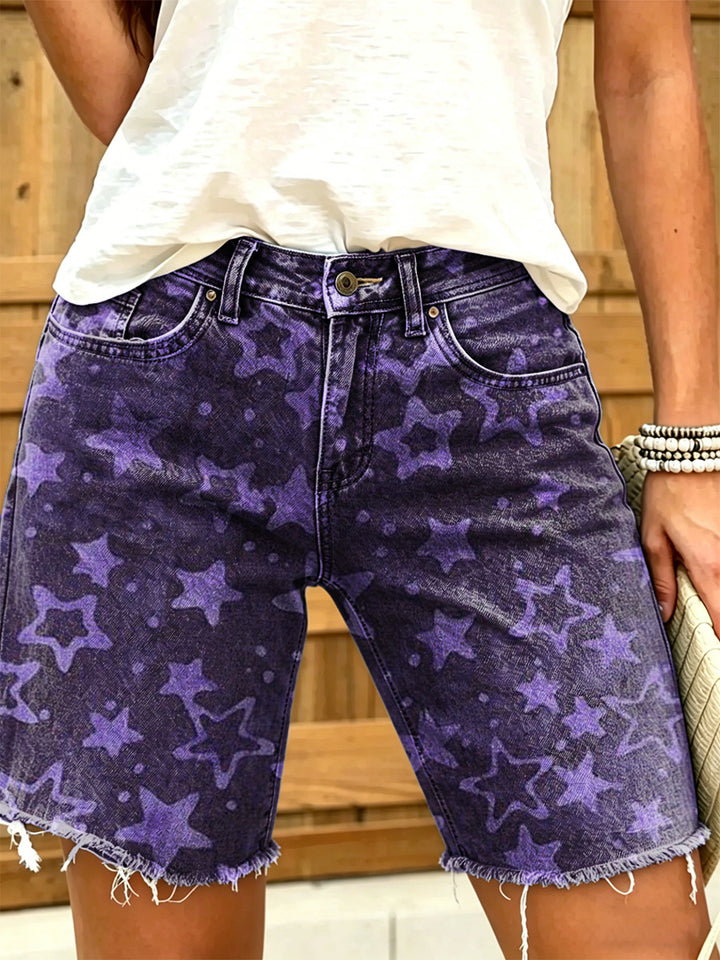 Women's Retro Star Art Print Casual Washed Cotton Denim Shorts