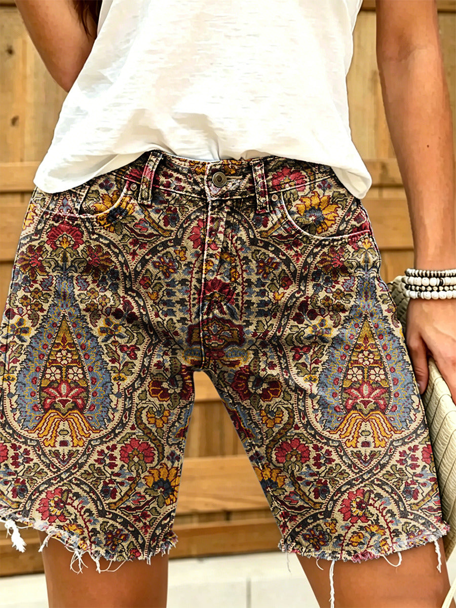 Women's Retro Bohemian Art Print Casual Washed Cotton Denim Shorts