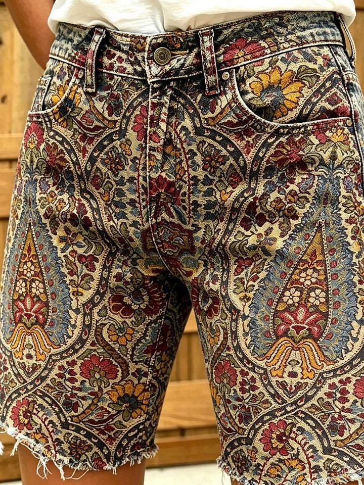 Women's Retro Bohemian Art Print Casual Washed Cotton Denim Shorts