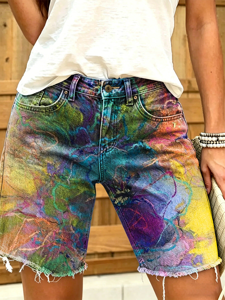 Women's Retro Colorful Art Print Casual Washed Cotton Denim Shorts