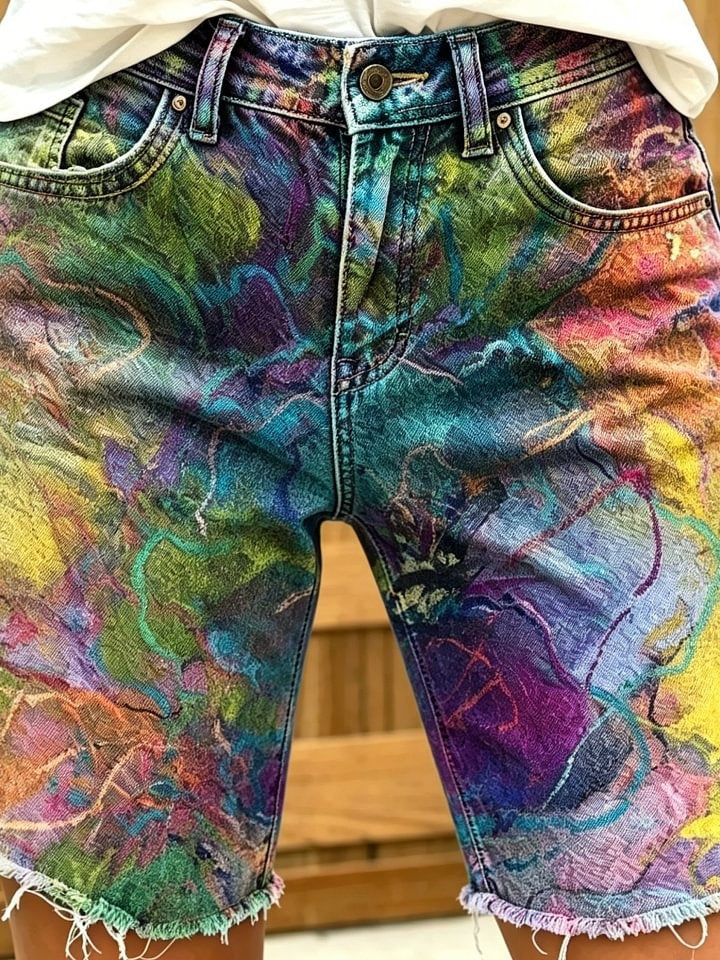 Women's Retro Colorful Art Print Casual Washed Cotton Denim Shorts