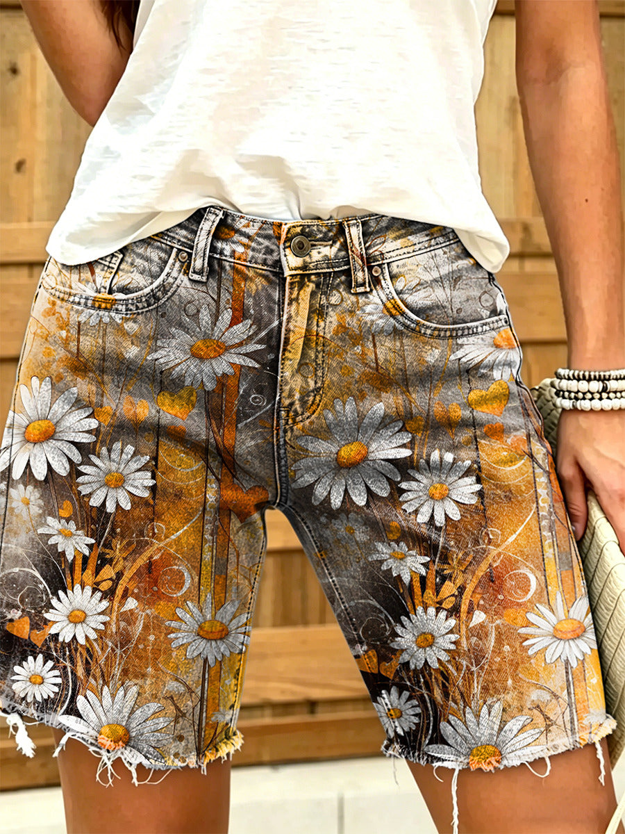 Women's Retro Floral Art Print Casual Washed Cotton Denim Shorts