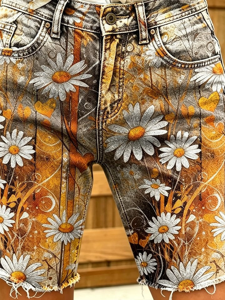 Women's Retro Floral Art Print Casual Washed Cotton Denim Shorts