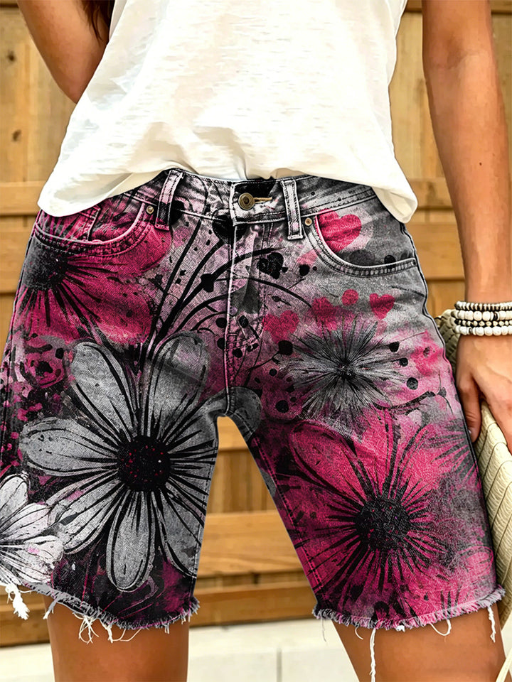 Women's Retro Floral Art Print Casual Washed Cotton Denim Shorts