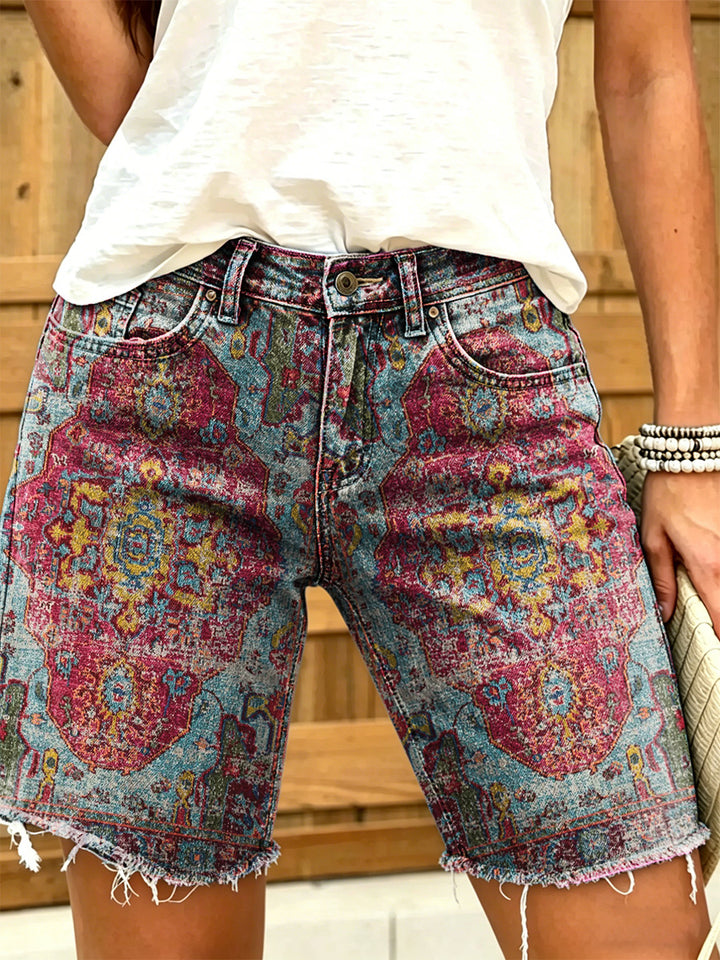Women's Retro Ethnic Totem Art Print Casual Washed Cotton Denim Shorts